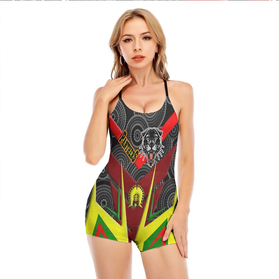 vibe-hoodie-clothing-penrith-panthers-naidoc-2022-sporty-style-womens-backless-romper-with-black-straps