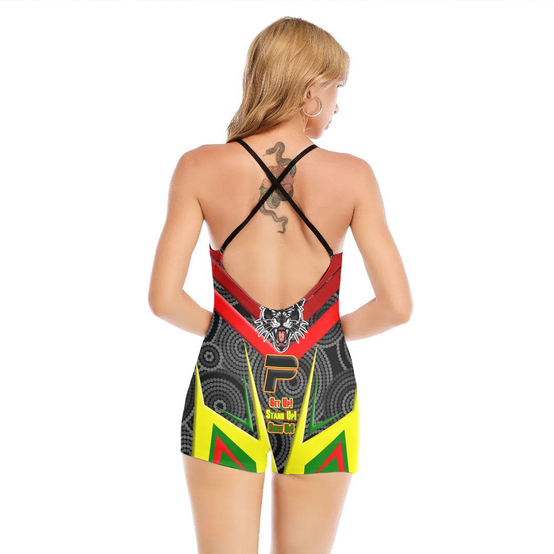 vibe-hoodie-clothing-penrith-panthers-naidoc-2022-sporty-style-womens-backless-romper-with-black-straps