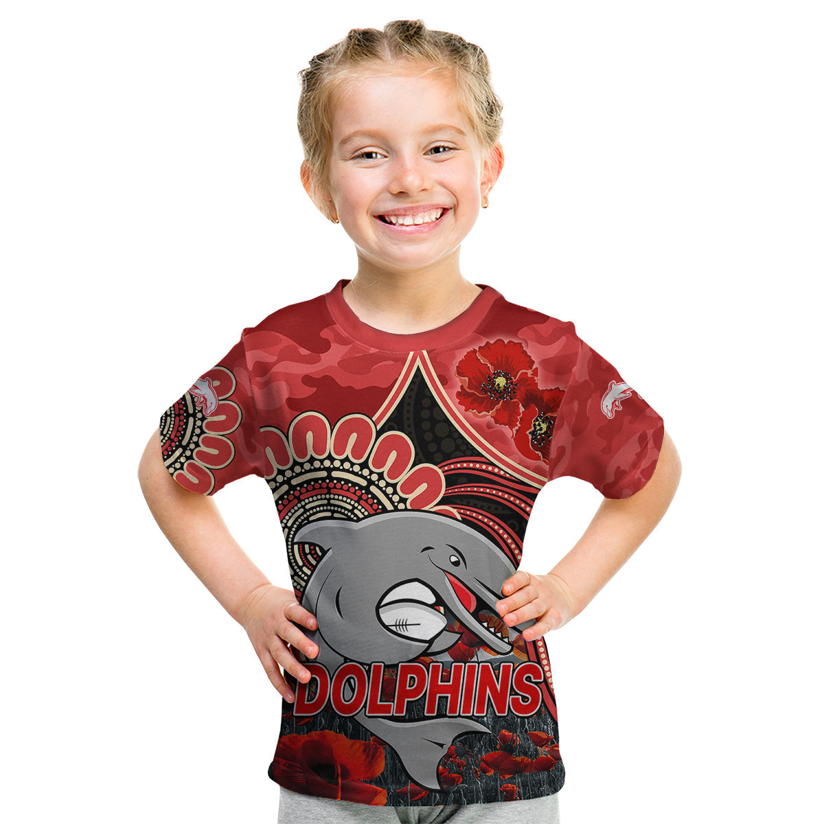 nrl-anzac-redcliffe-dolphins-poppy-flowers-kid-t-shirt