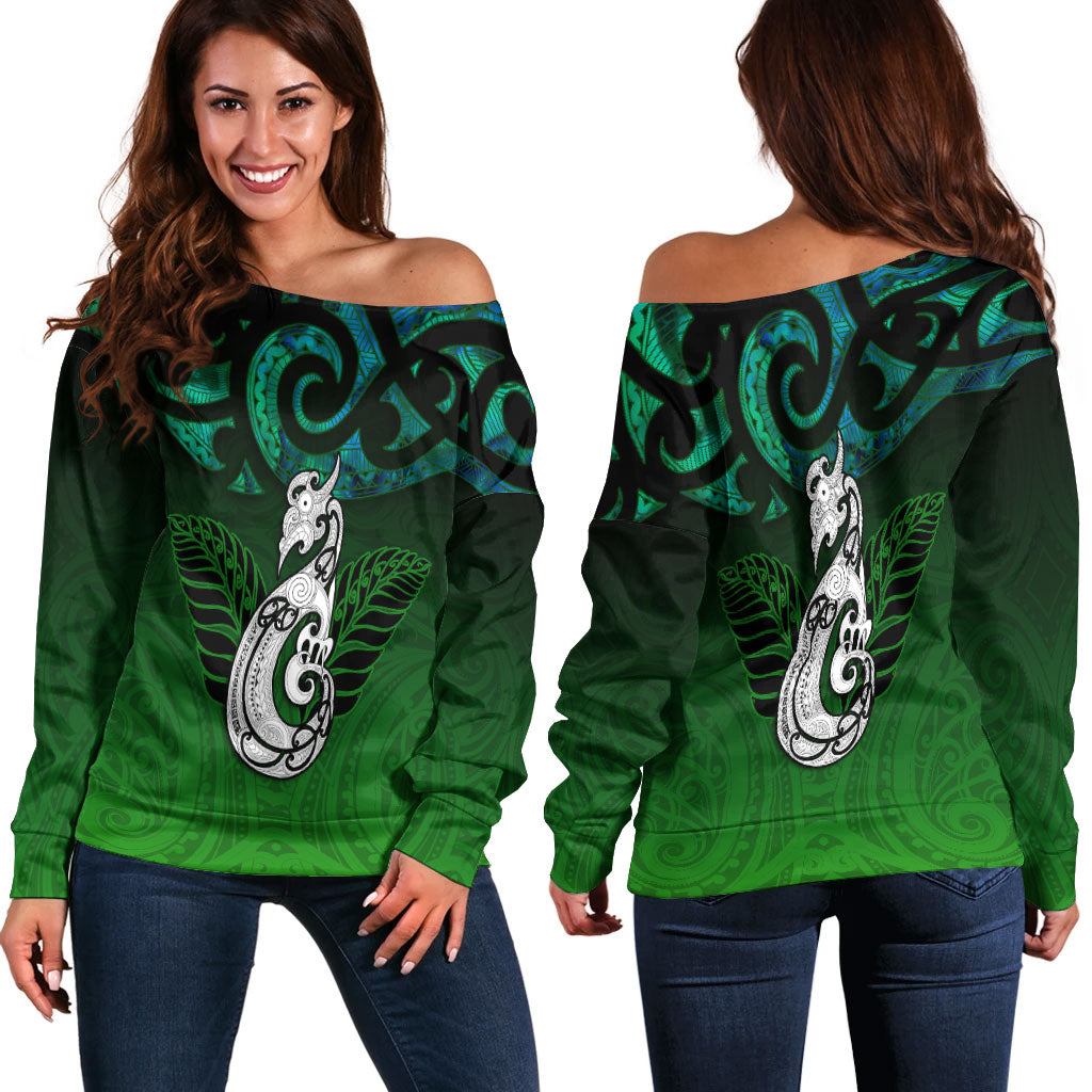 New Zealand Maori Women Off Shoulder Sweater - Paua Shell Green