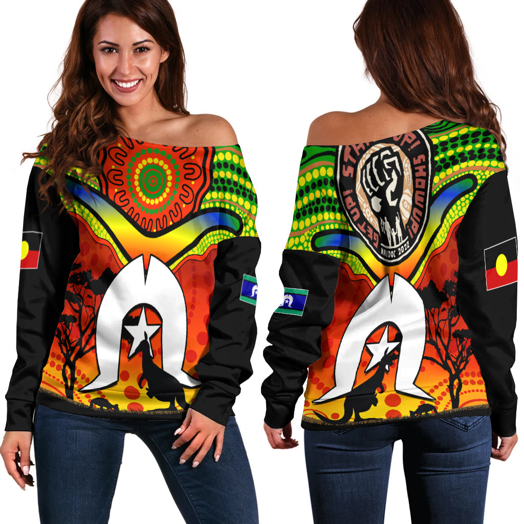 NAIDOC Week 2022 Women Off Shoulder Sweater Dhari Aboriginal Get Up! Stand Up! Show Up! LT13