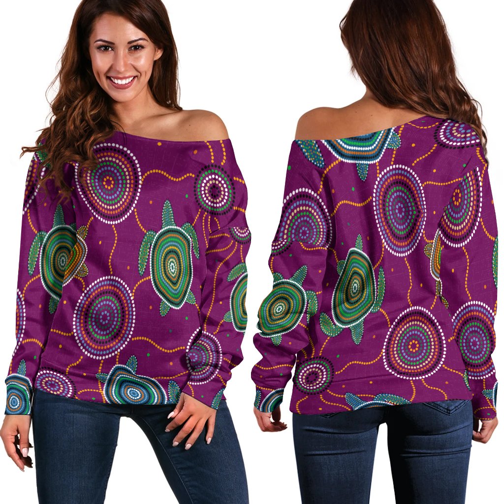 Women Off Shoulder - Aboriginal Turtle Purple Australia Dot Patterns - Vibe Hoodie