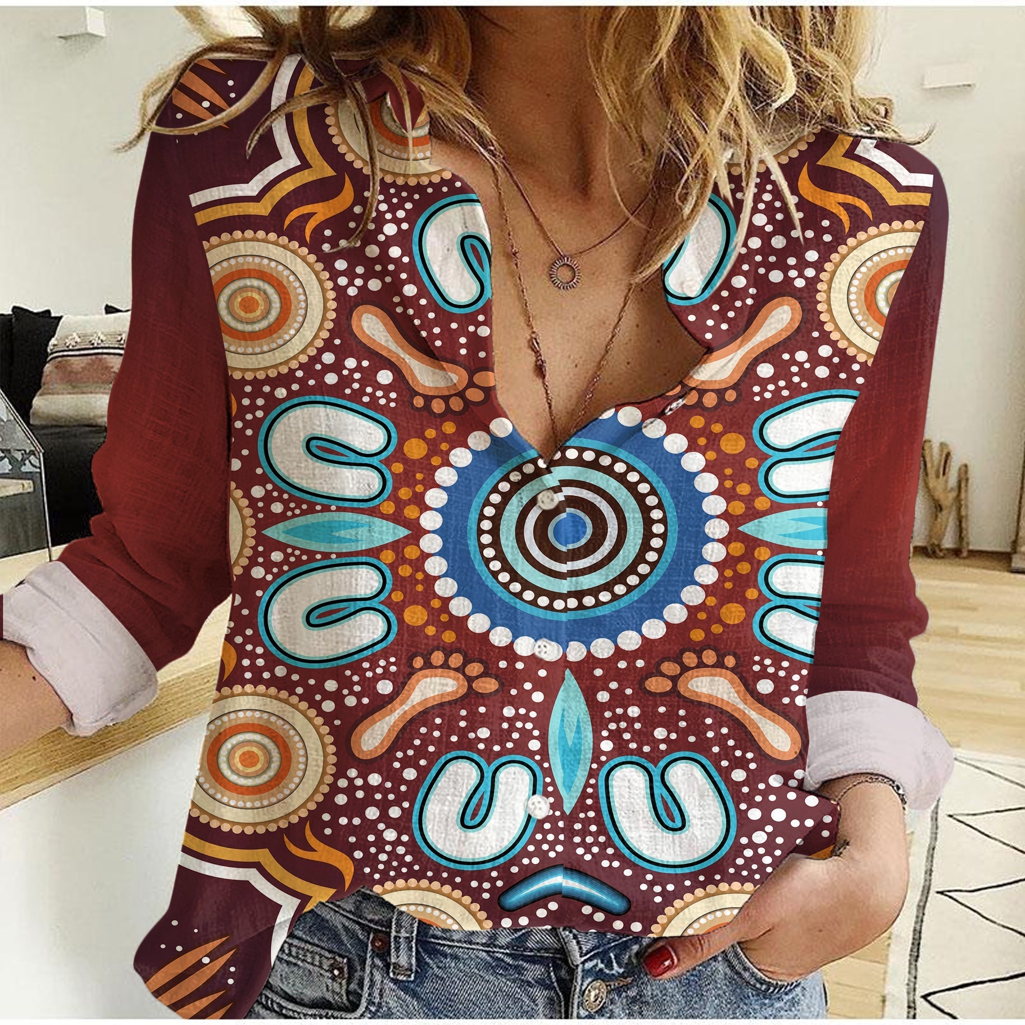 Aboriginal Indigenous Circle Dot Painting Ver02 Women Casual Shirt