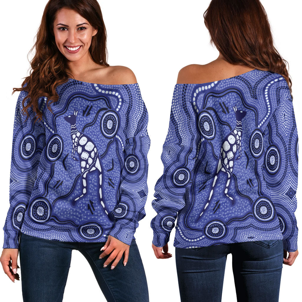 Aboriginal Kangaroo Painting Purple Women Off Shoulder Sweater