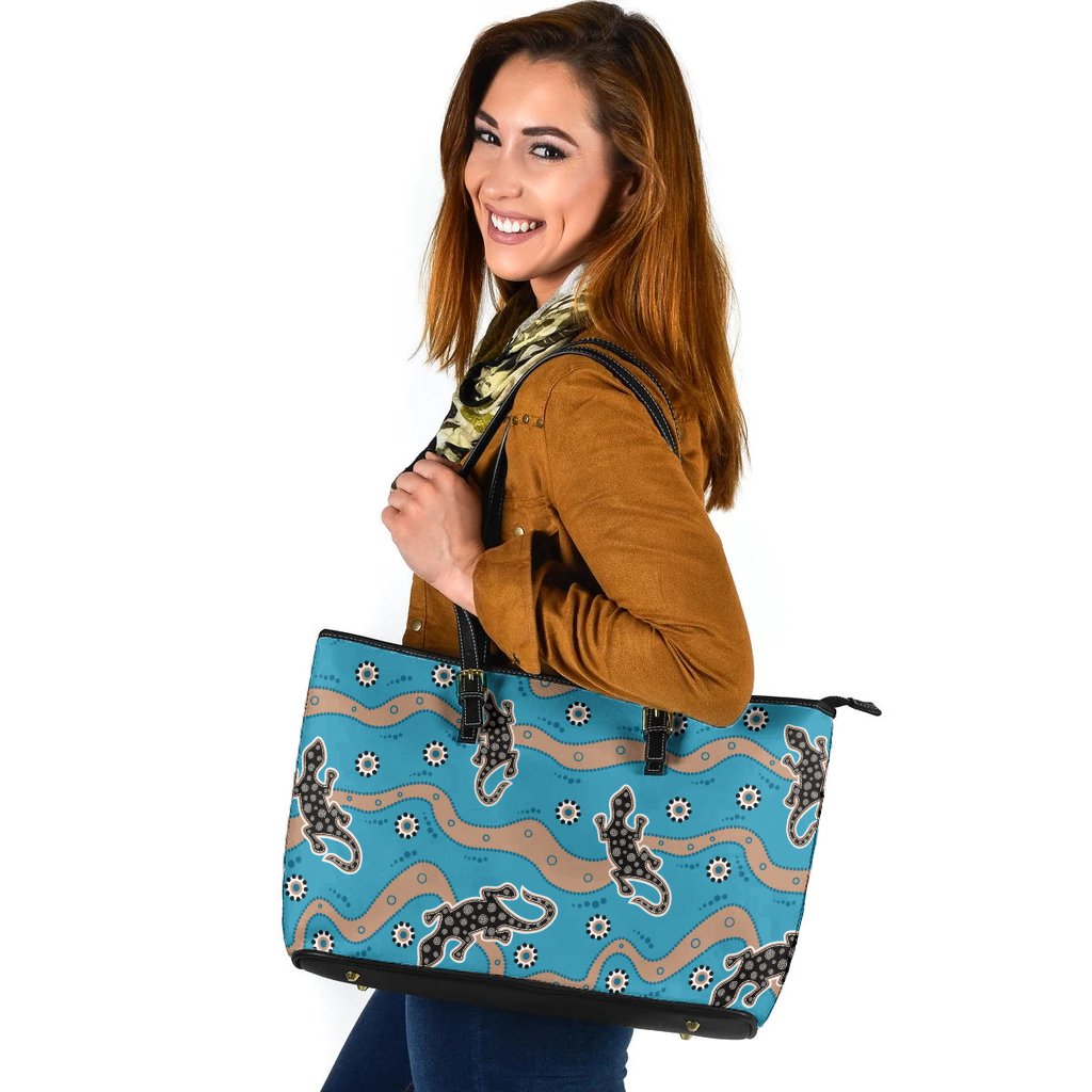 large-leather-tote-bag-lizard-with-aboriginal-tribal-pattern-blue