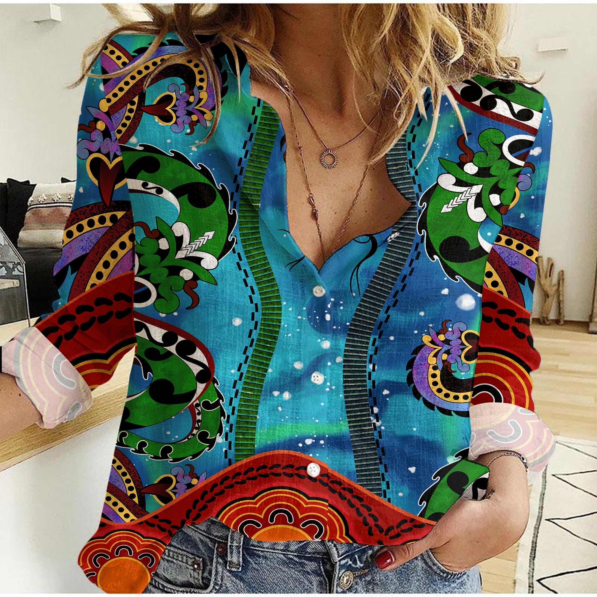 Aboriginal - Aussie Indigenous Patterns Blue Women Casual Shirt