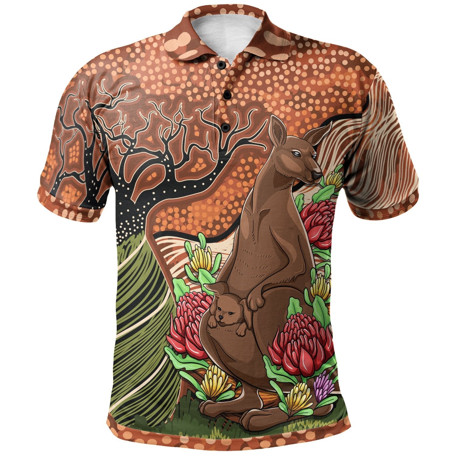 aboriginal-polo-shirts-kangaroo-with-indigenous-tree