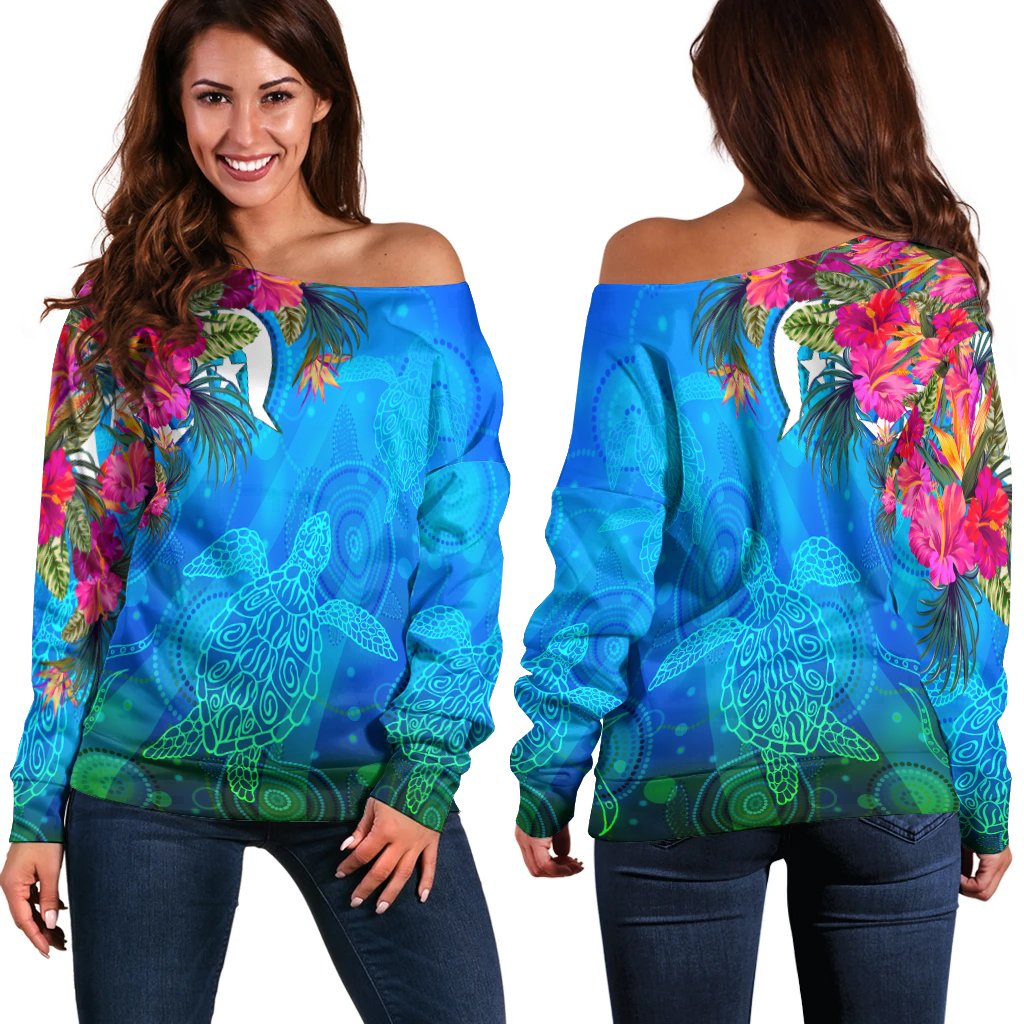 Women Off Shoulder  - Torres Strait Blue Sea With Hibiscus - Vibe Hoodie