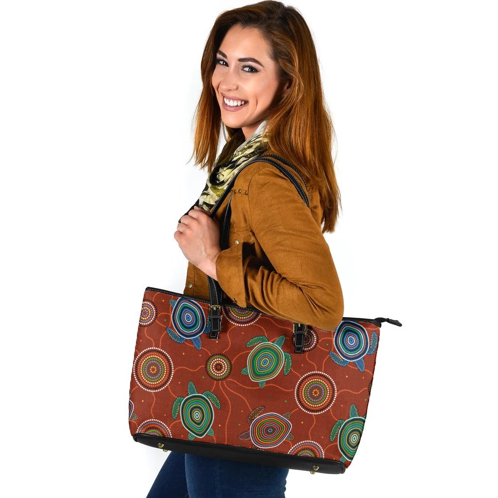 large-leather-tote-bag-aboriginal-turtle-tribal-pattern