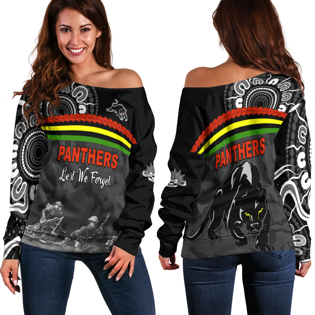 Panthers Anzac Day Women Off Shoulder Sweater Aboriginal Lest We Forget Ver.02 LT13