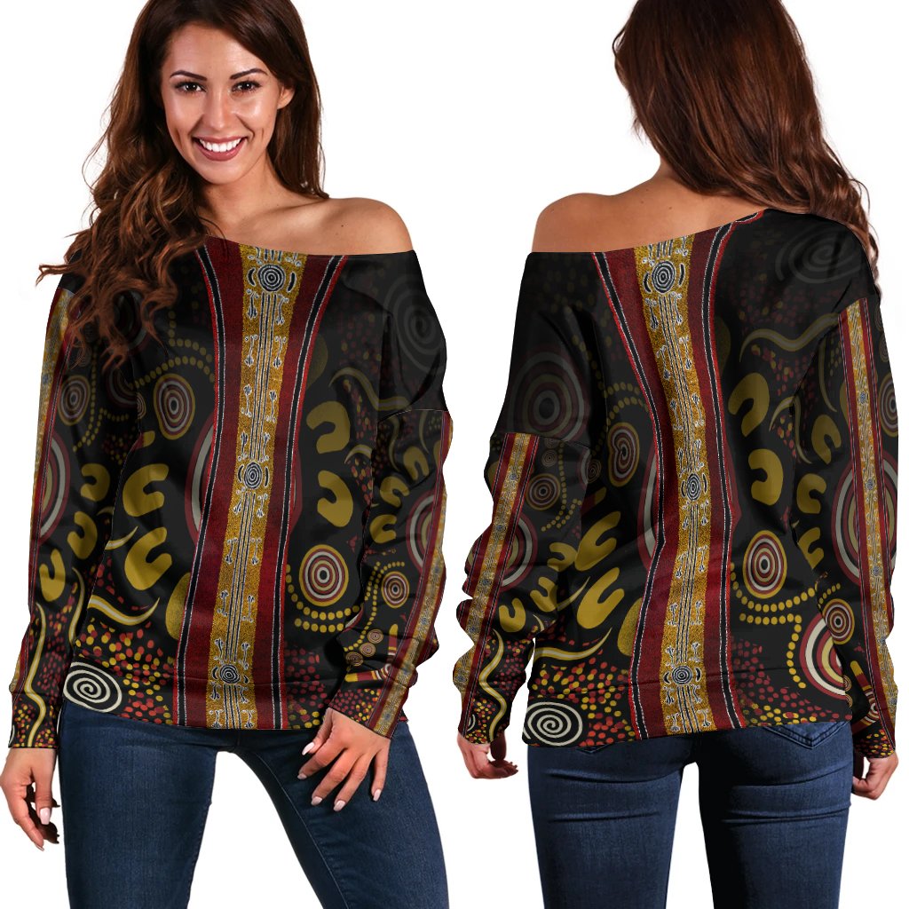 Women Off Shoulder -  Aboriginal Dot Panting Art Stripe Lines - Vibe Hoodie