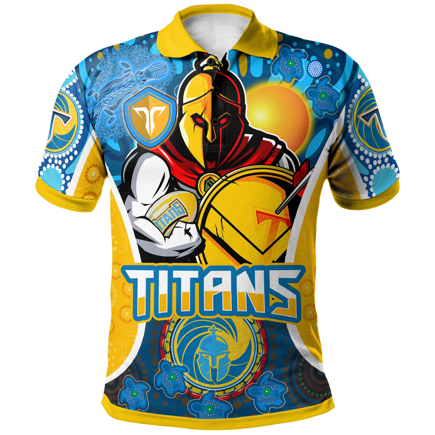 titans-rugby-polo-shirt-custom-gold-coast-titans-mascot-with-aboriginal-art-personalised-player-and-number-polo-shirt