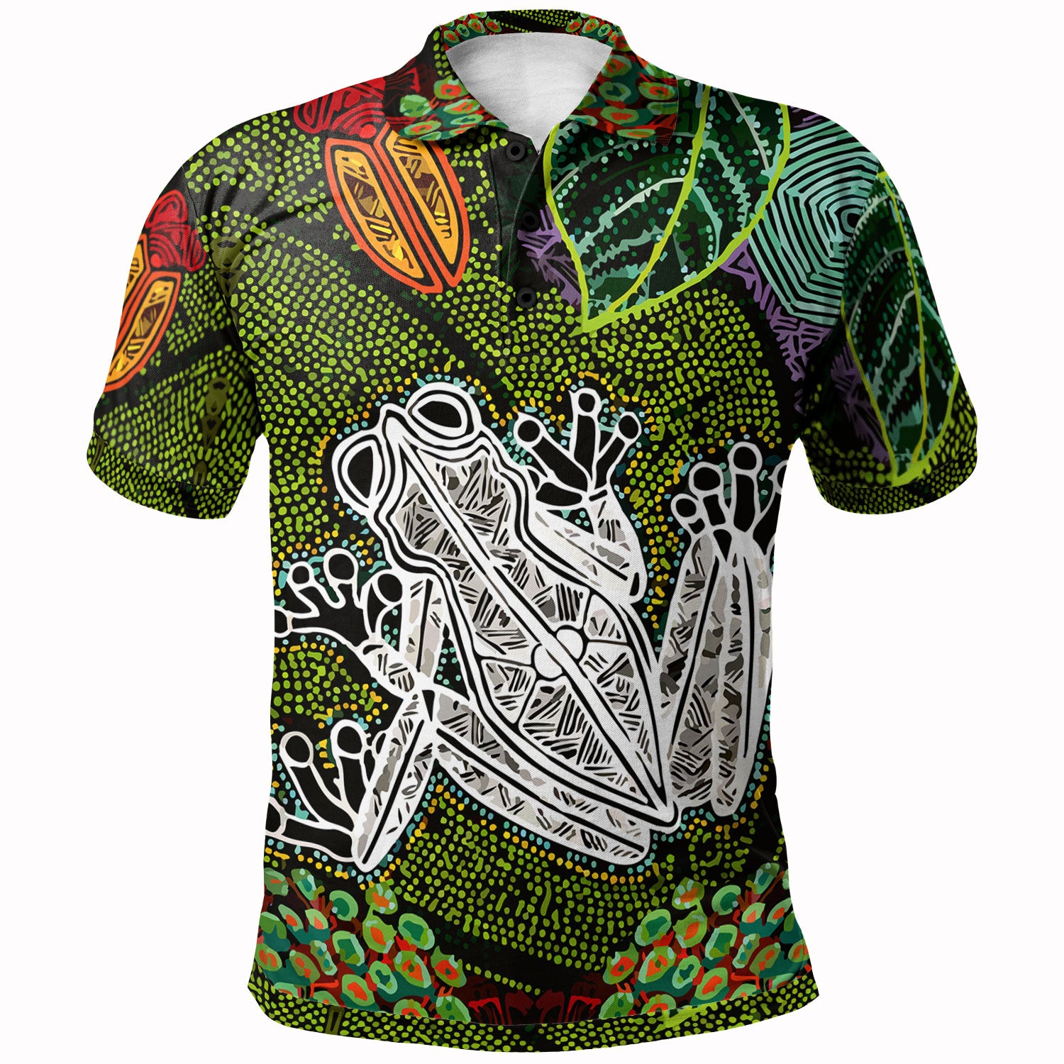 australia-aboriginal-inspired-custom-polo-shirt-indigenous-watercolor-dot-art-frog