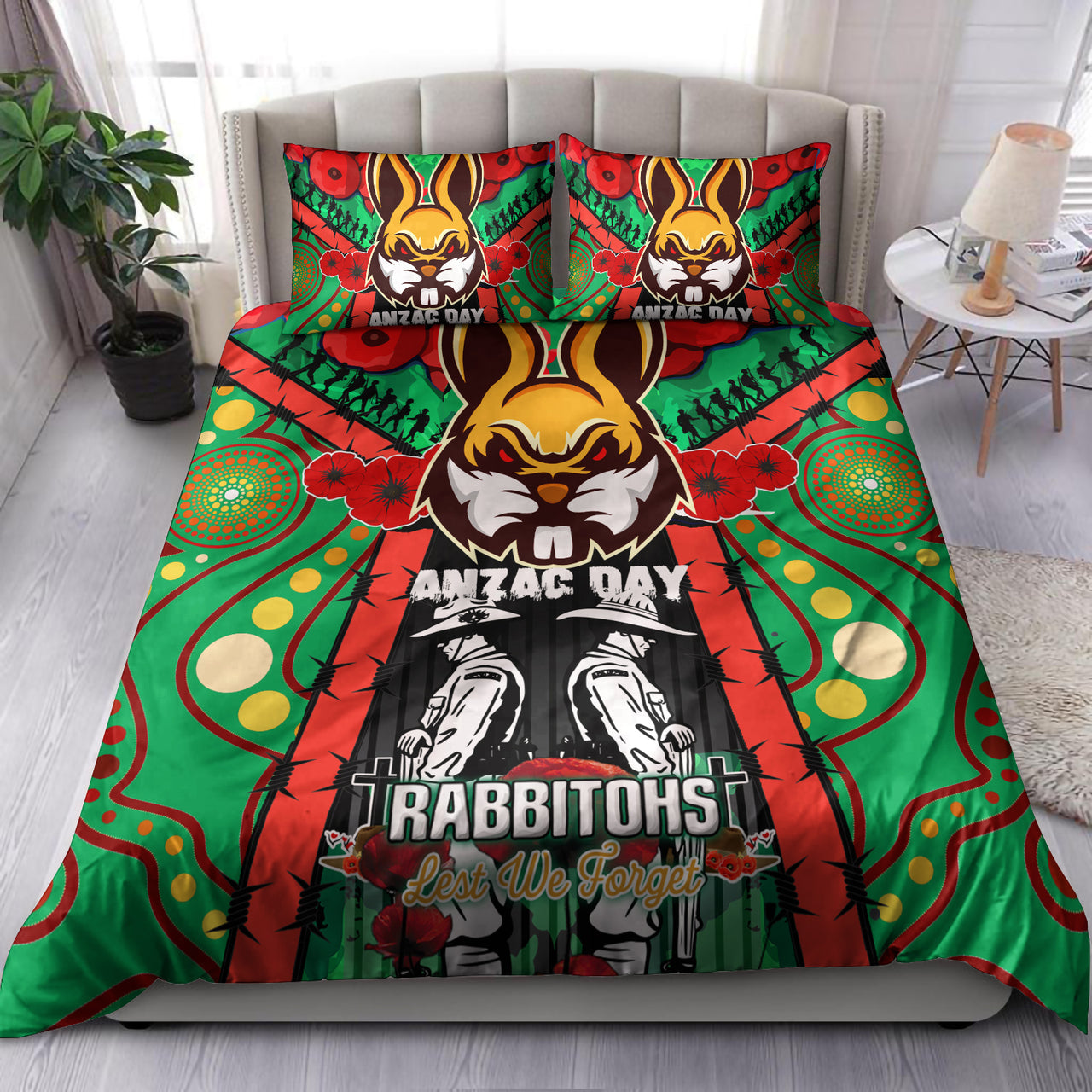 rabbitohs-rugby-aboriginal-anzac-day-custom-watercolour-bedding-set-remembrance-indigenous-rabbitohs-with-poppy-flower