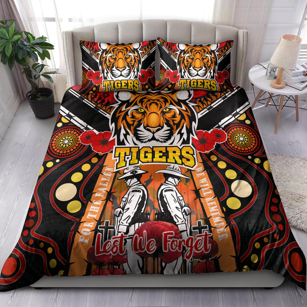 tigers-rugby-anzac-day-watercolour-bedding-set-custom-remembrance-west-tigers-with-poppy-flower