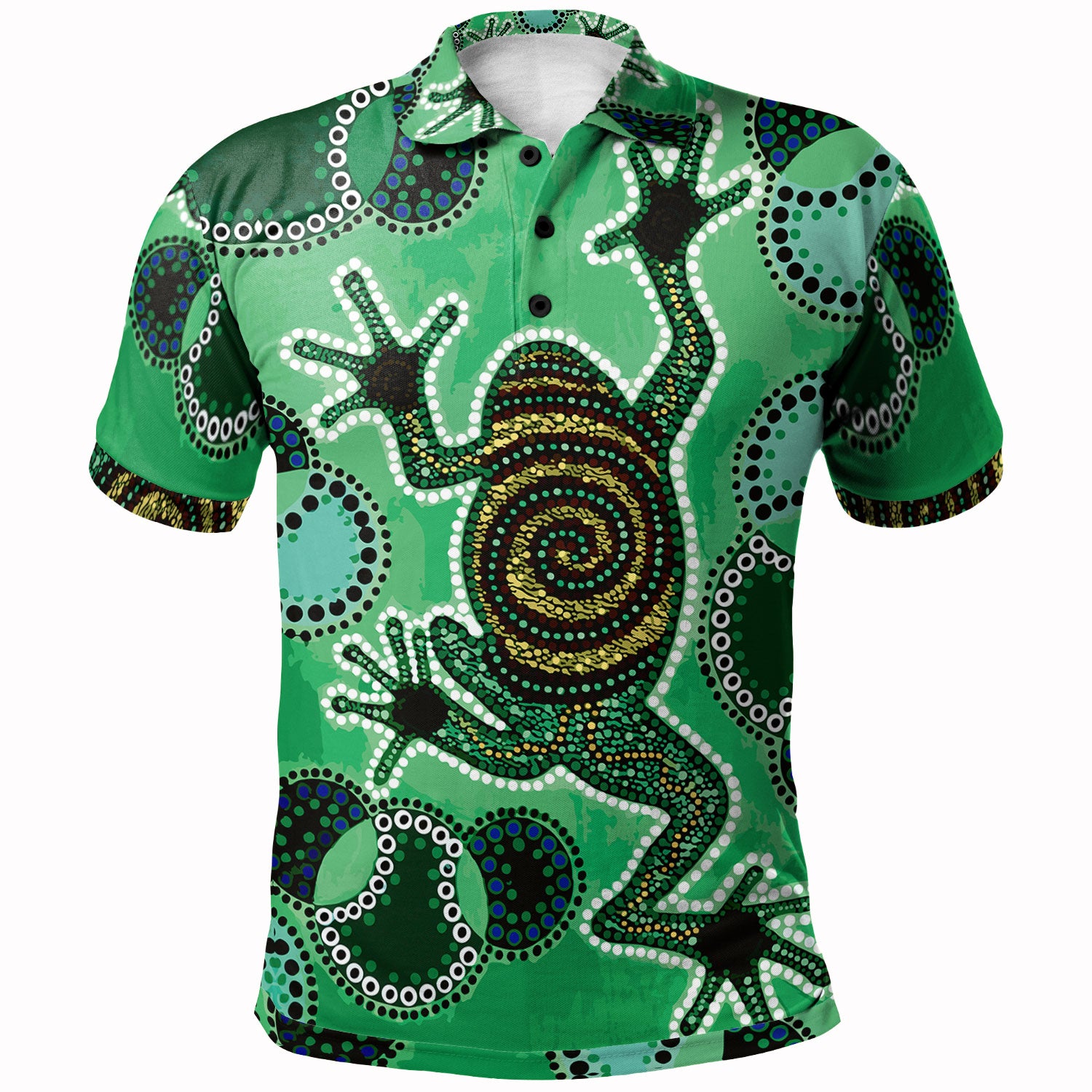 australia-aboriginal-inspired-custom-polo-shirt-indigenous-green-frog-watercolor-dot-art-painting