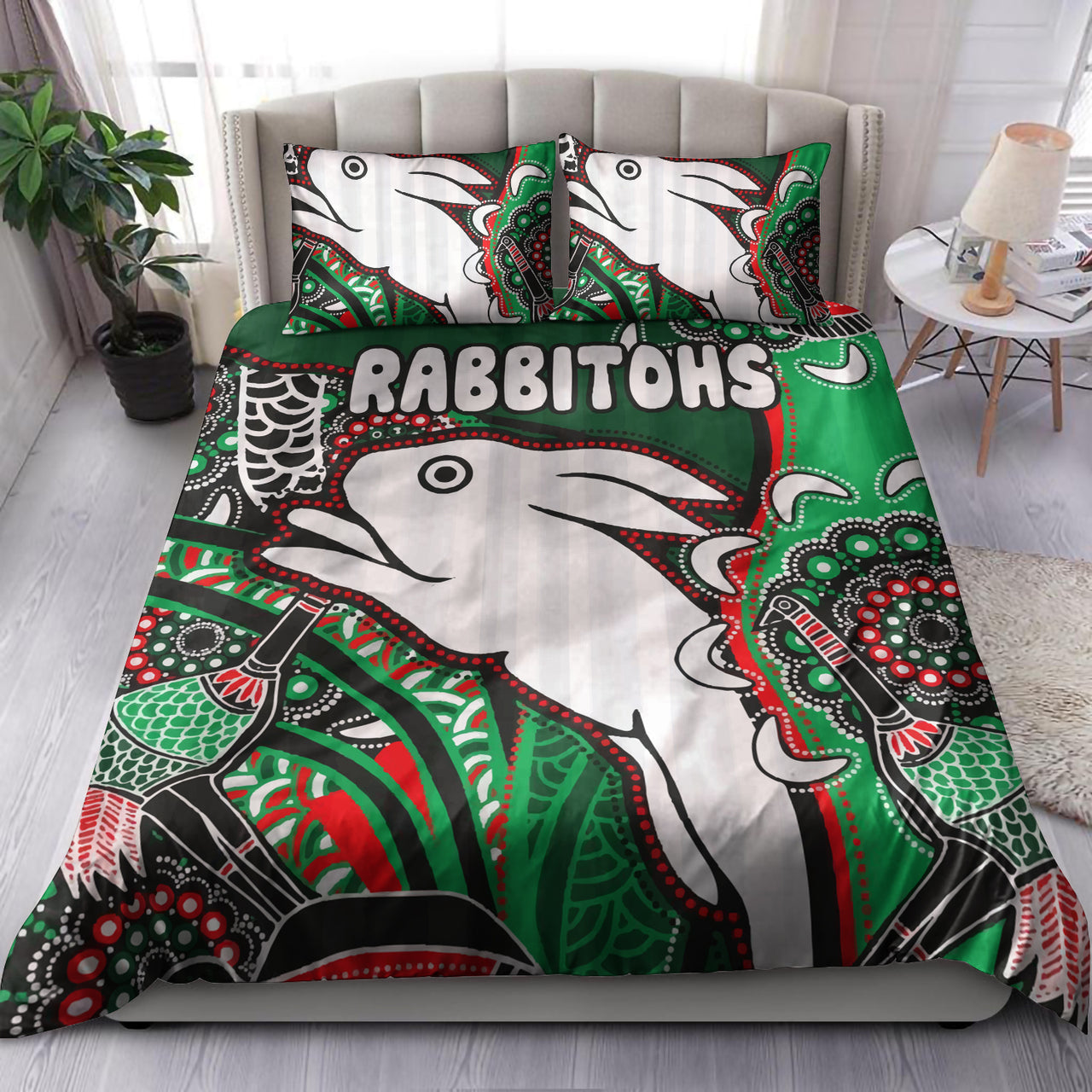 south-sydney-rabbitohs-rugby-custom-bedding-set-indigenous-dreaming-rabbitohs