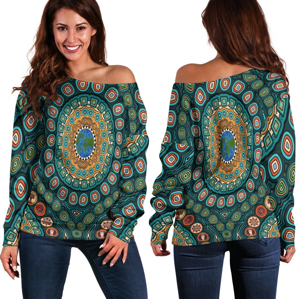 Women's Off Shoulder Sweater - Aboriginal Green Dot Painting With Earth - Vibe Hoodie