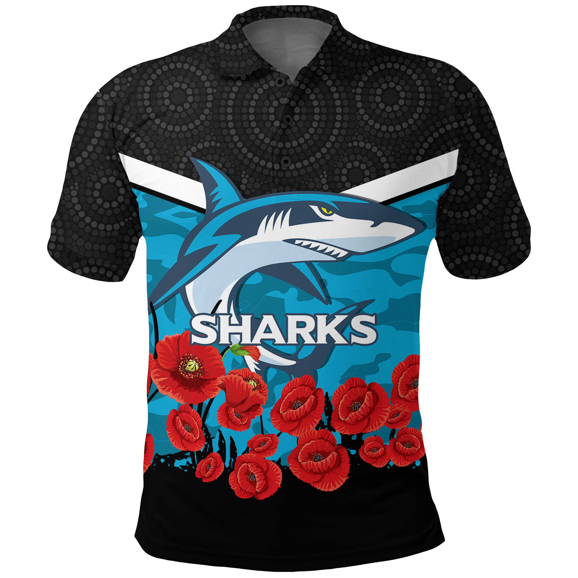 custom-personalised-cronulla-sutherland-sharks-anzac-day-indigenous-art-polo-shirt