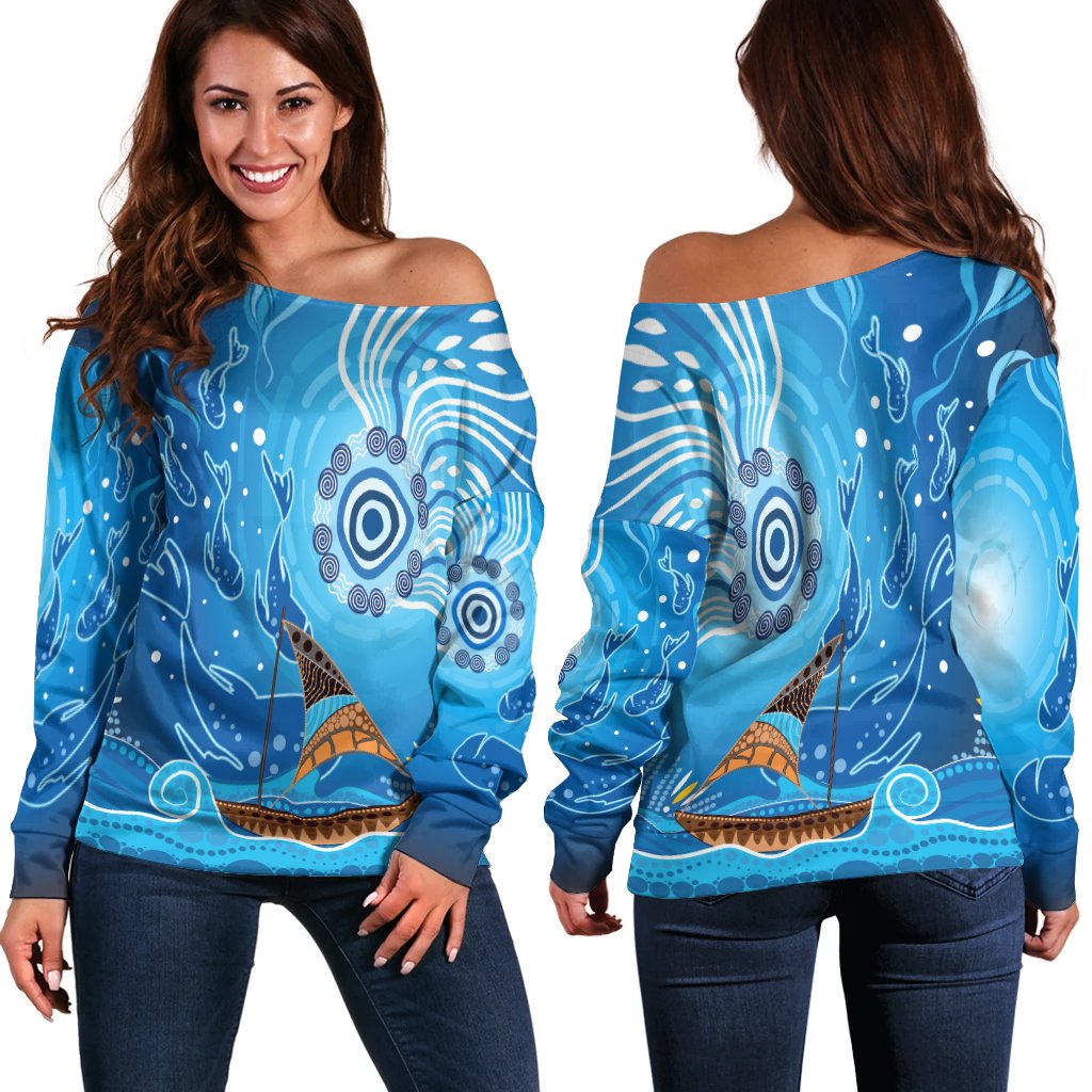 Women Off Shoulder - Aboriginal View Sea With Fish And Boat - Vibe Hoodie