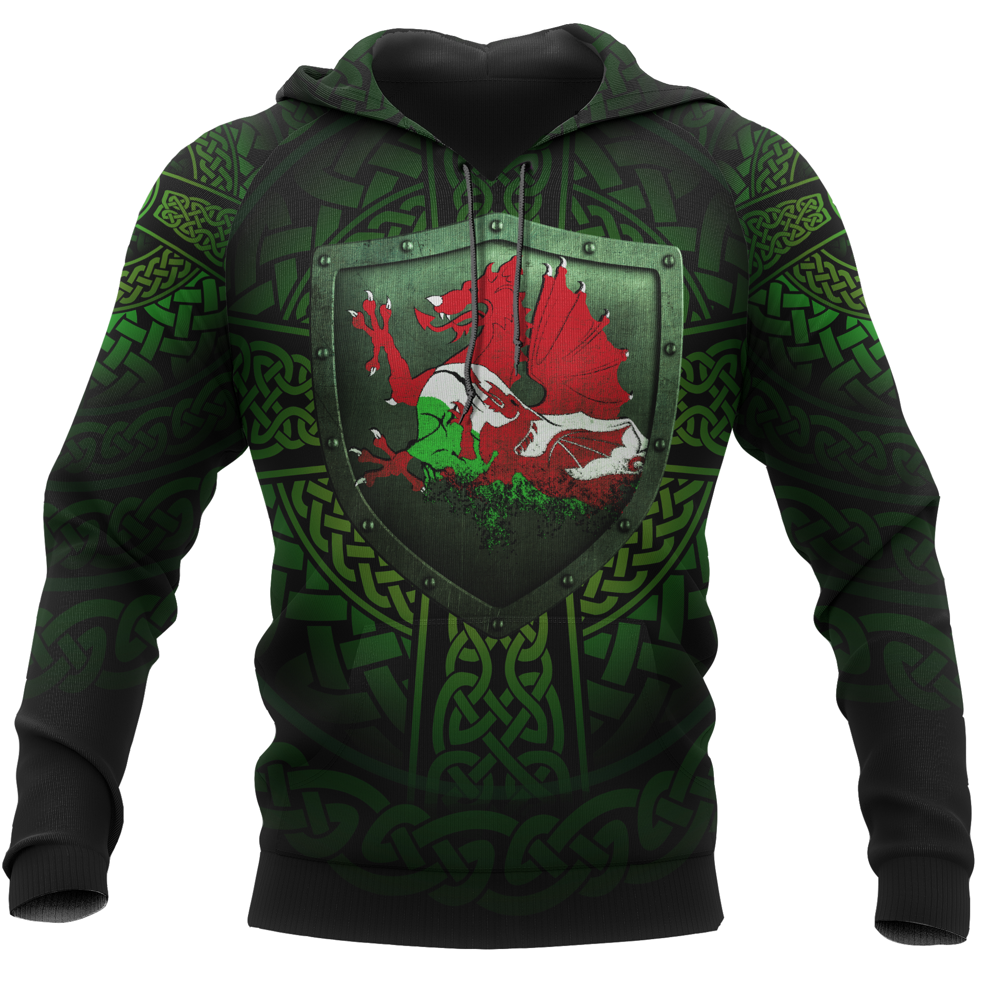 Wales Raglan Hoodie - Cymru Dragon With Shield