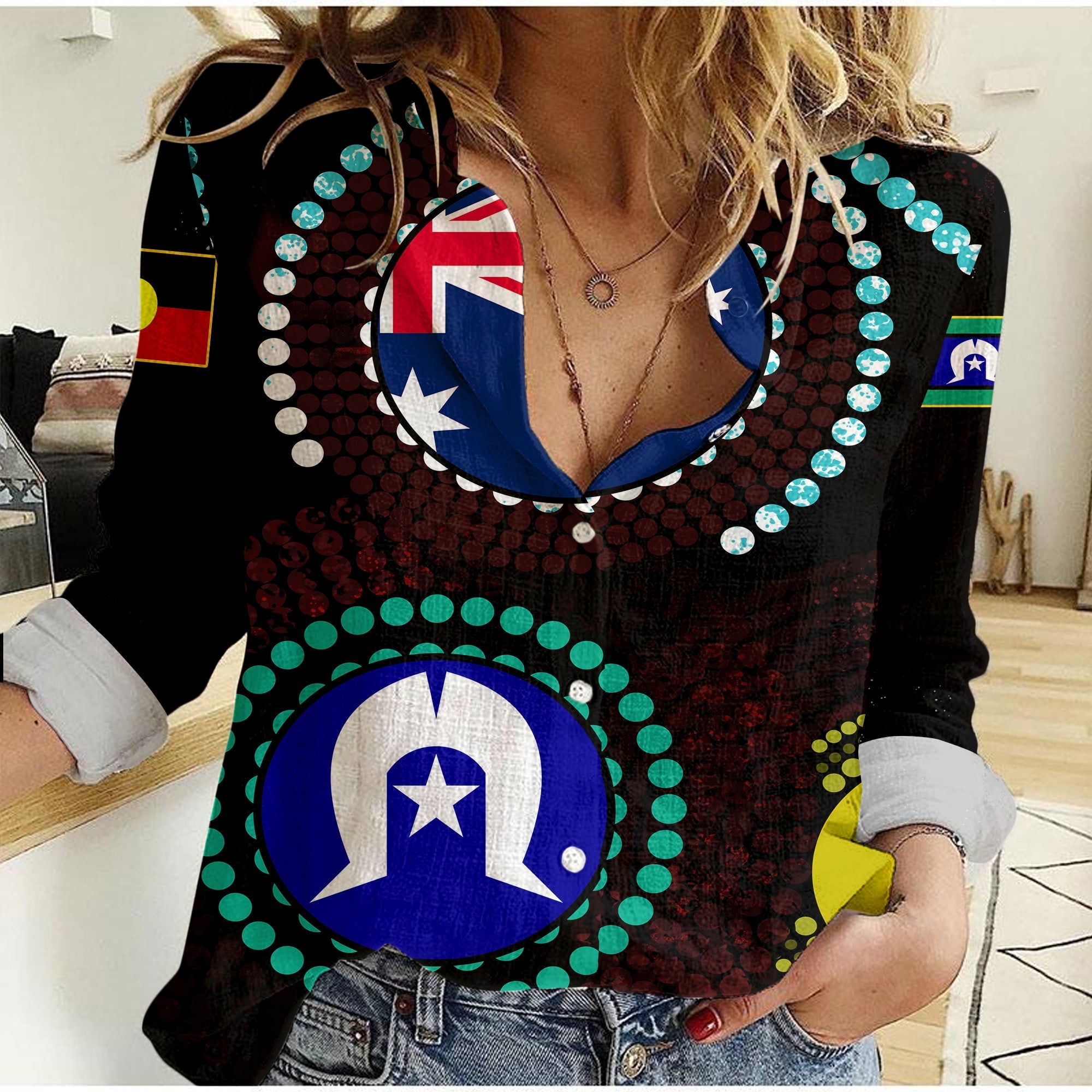 Aboriginal Dot Patterns & Flag Women Casual Shirt