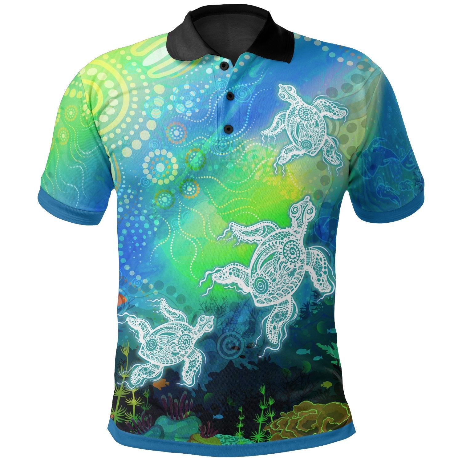 aboriginal-polo-shirt-indigenous-turtle-ocean-dot-painting-art