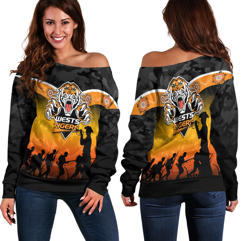 Wests Tigers Anzac Day Indigenous Art Women Off Shoulder Sweater