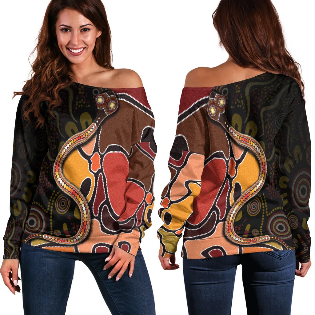 Women Off Shoulder - Aboriginal Snake With Dot Painting - Vibe Hoodie