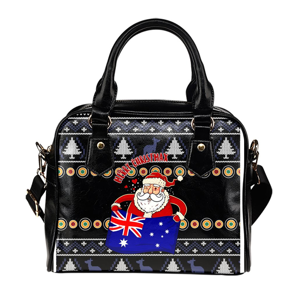 Christmas Shoulder Handbag - Australia Santa Claus Hold The Flag ( Black) - Vibe Hoodie