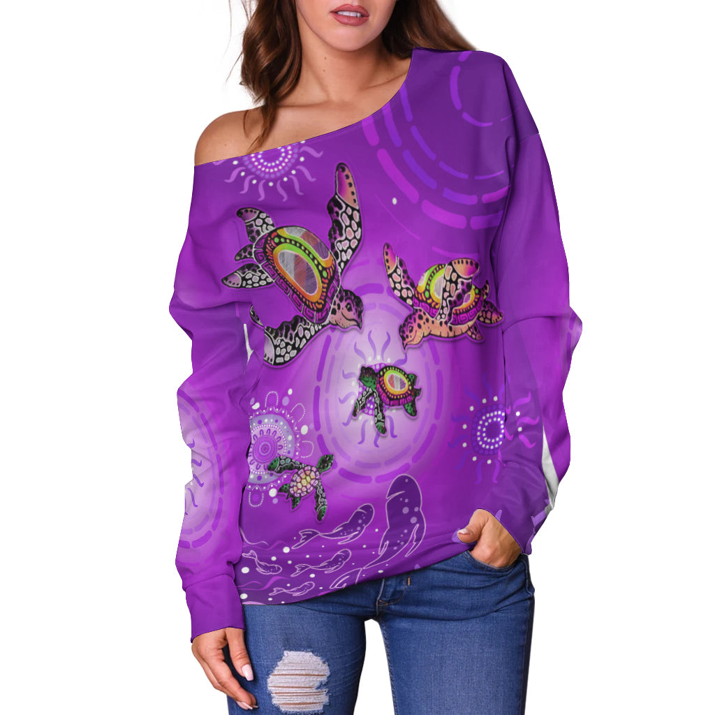 custom-personalised-australian-aboriginal-off-shoulder-sweater-happy-turtle-family-version-purple