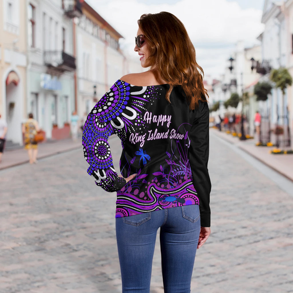 custom-personalised-happy-king-island-show-off-shoulder-sweater-aboriginal-tasmania-australia-version-purple