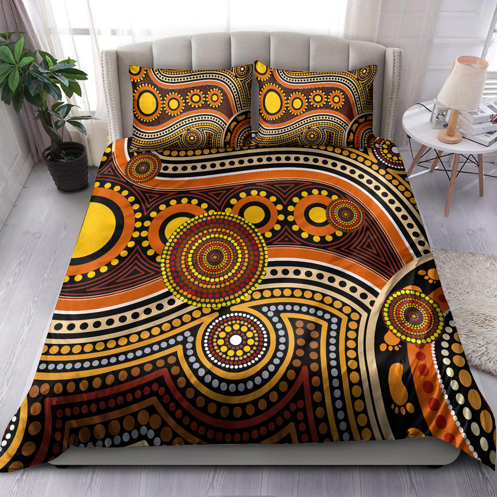 australia-indigenous-bedding-set-aboriginal-inspired-dot-art-connection-with-footprints