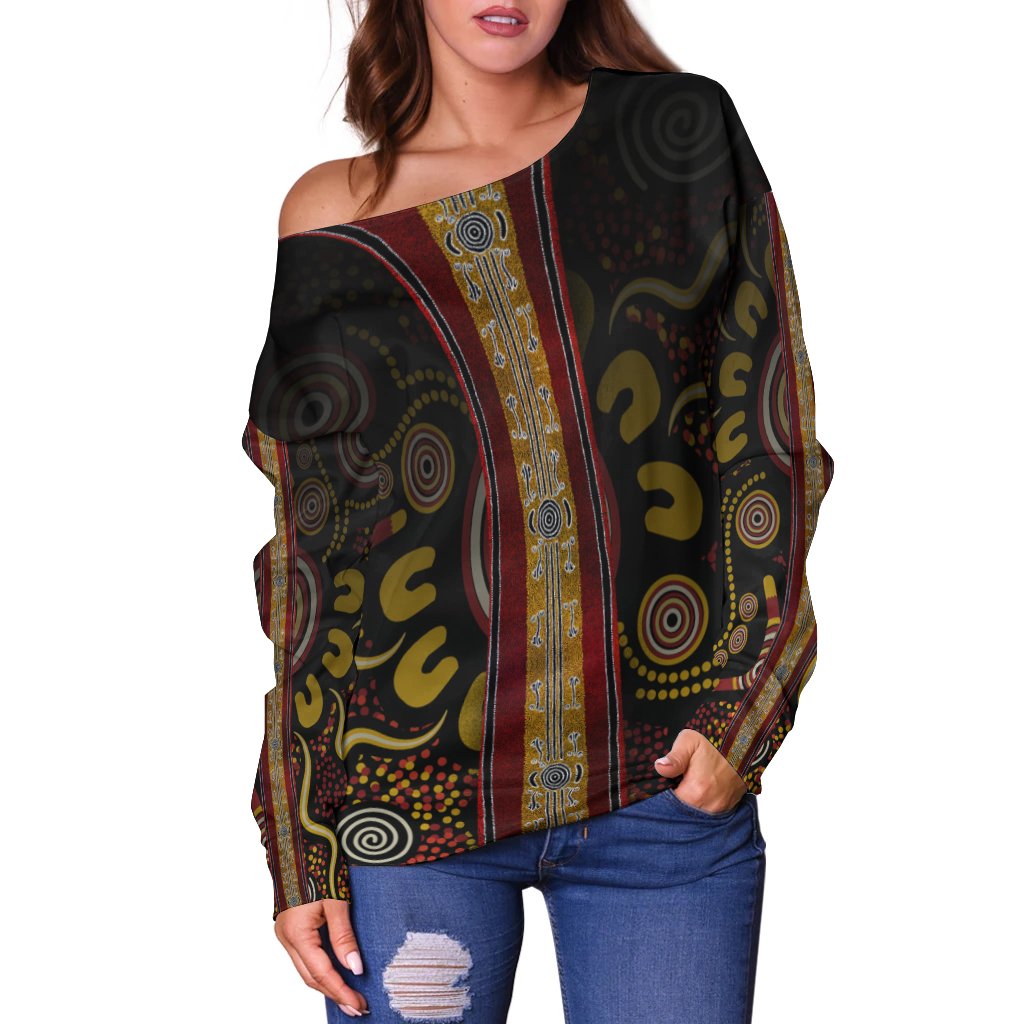 Women Off Shoulder -  Aboriginal Dot Panting Art Stripe Lines - Vibe Hoodie