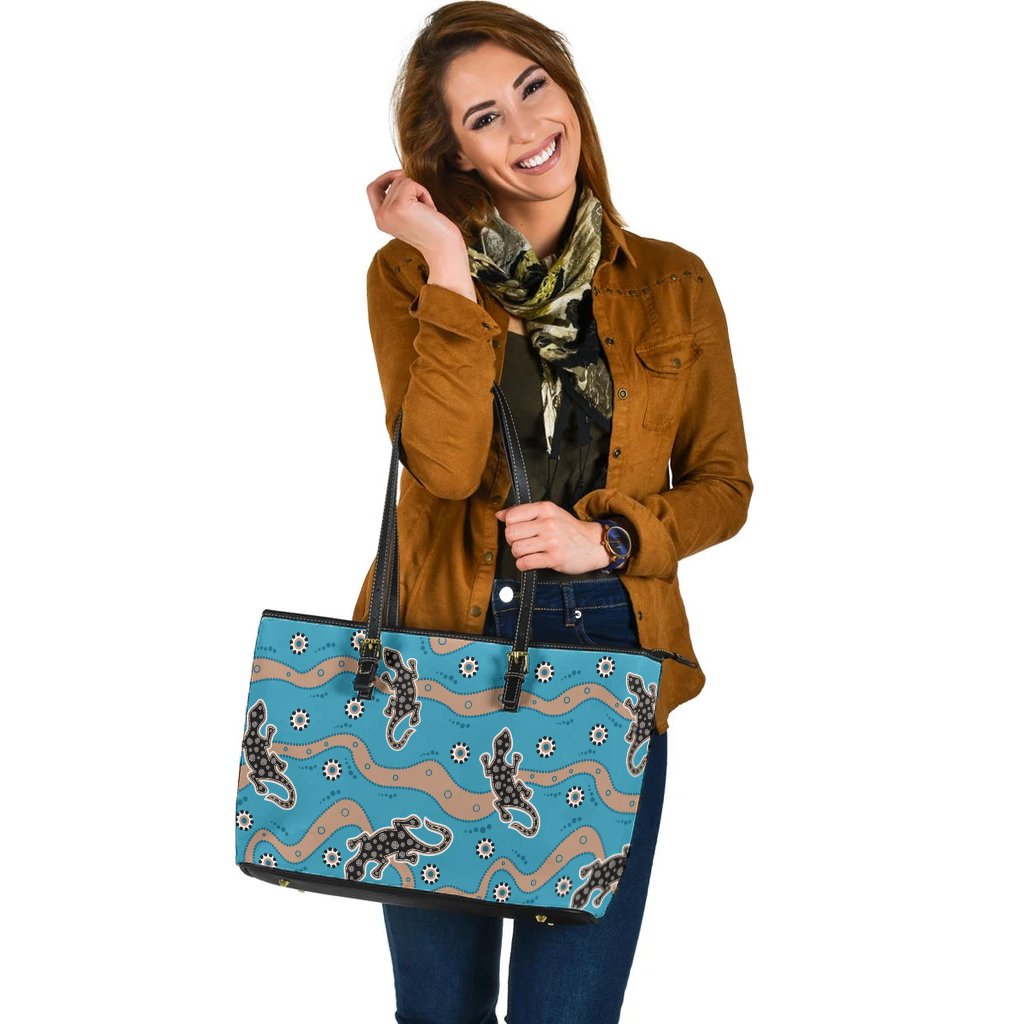 large-leather-tote-bag-lizard-with-aboriginal-tribal-pattern-blue