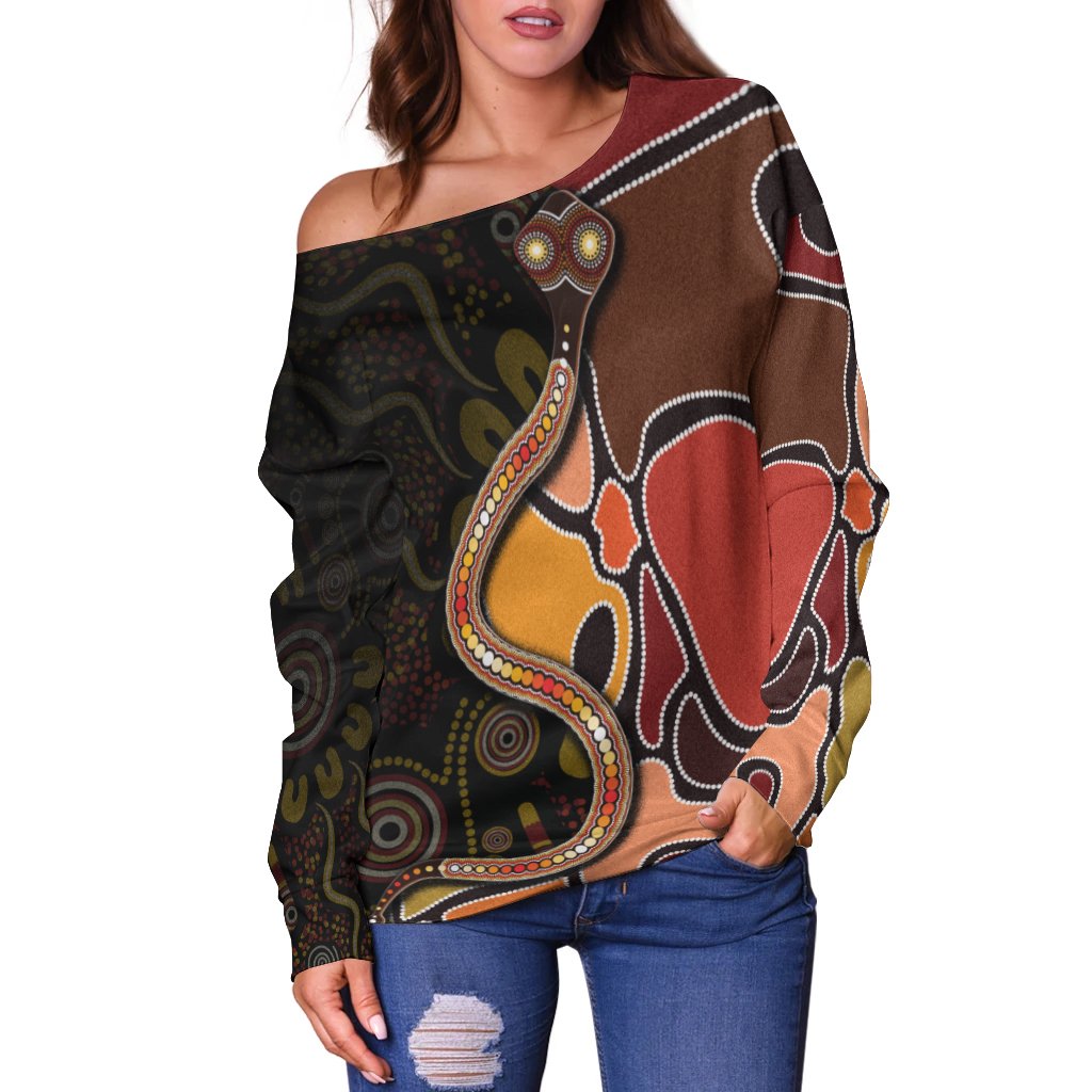 Women Off Shoulder - Aboriginal Snake With Dot Painting - Vibe Hoodie