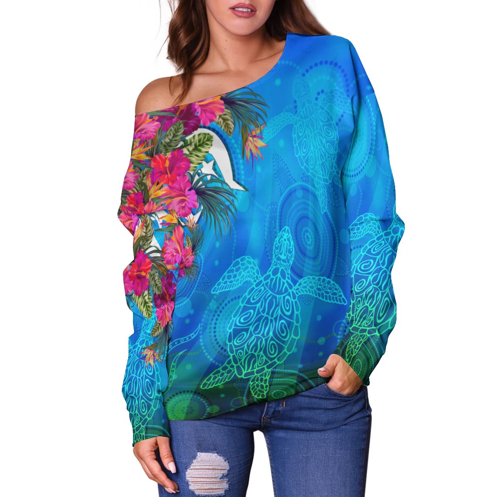 Women Off Shoulder  - Torres Strait Blue Sea With Hibiscus - Vibe Hoodie