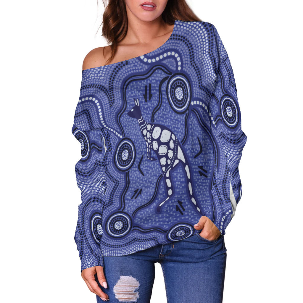 Aboriginal Kangaroo Painting Purple Women Off Shoulder Sweater