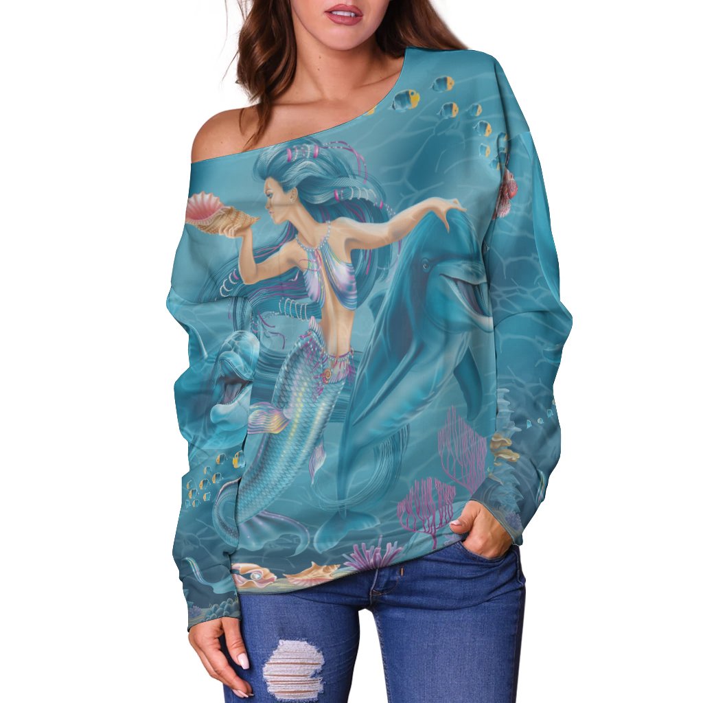 Women Off Shoulder - Australia Beautiful Mermaid With Dolphin - Vibe Hoodie