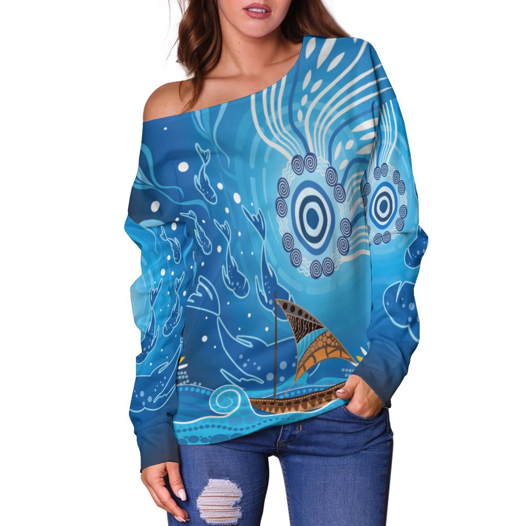 Women Off Shoulder - Aboriginal View Sea With Fish And Boat - Vibe Hoodie