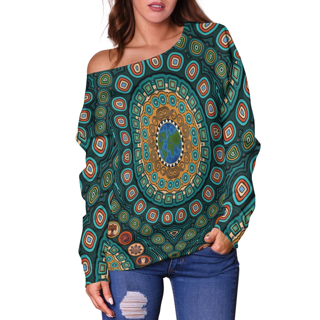 Women's Off Shoulder Sweater - Aboriginal Green Dot Painting With Earth - Vibe Hoodie