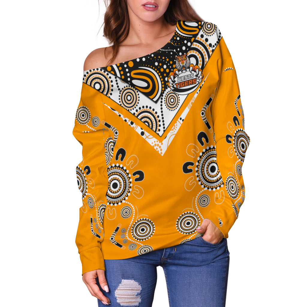 Wests Tiger Rugby Aboriginal Pattern Women Off Shoulder Sweater - LT2