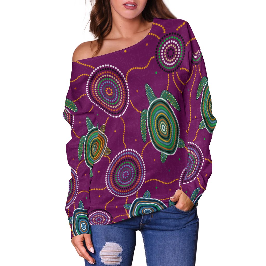 Women Off Shoulder - Aboriginal Turtle Purple Australia Dot Patterns - Vibe Hoodie