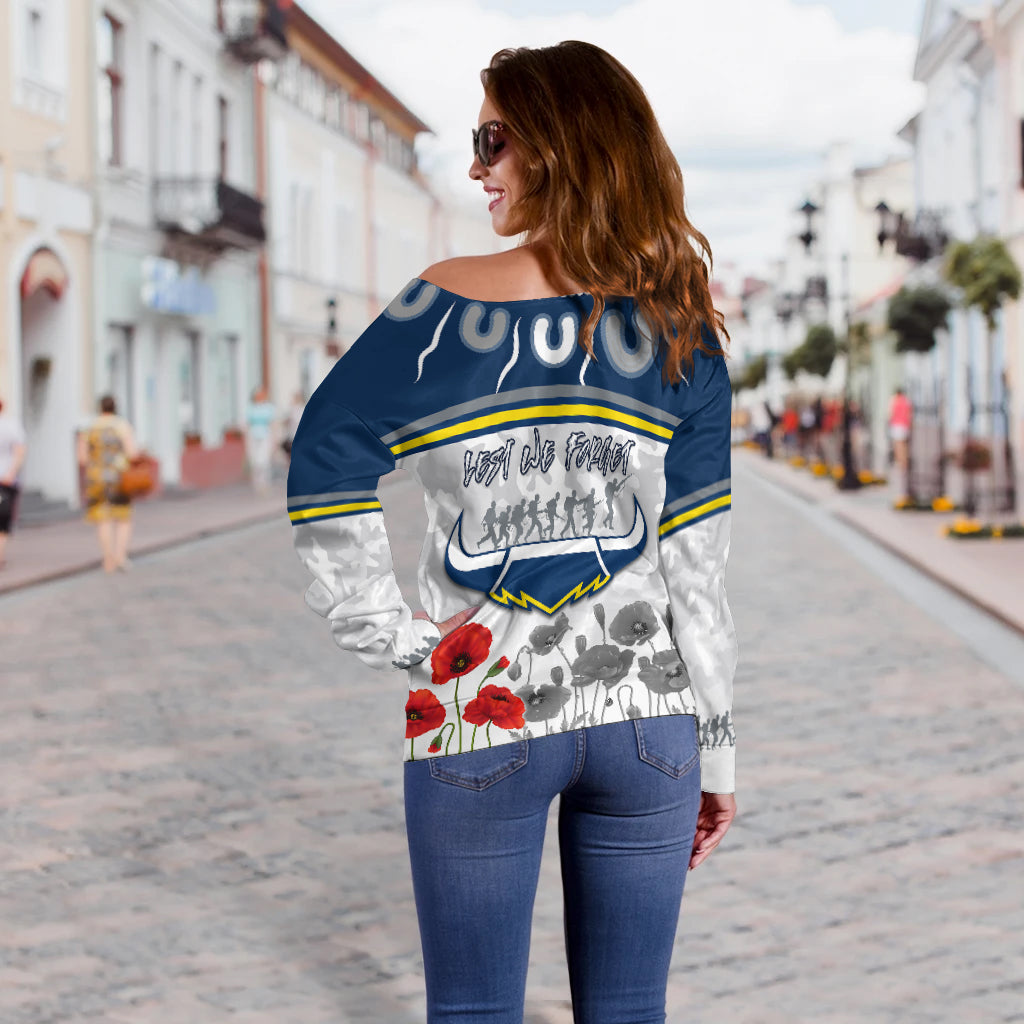 (Custom Personalised) Cowboys Anzac 2022 Women Off Shoulder Sweater Aboriginal Lest We Forget LT13