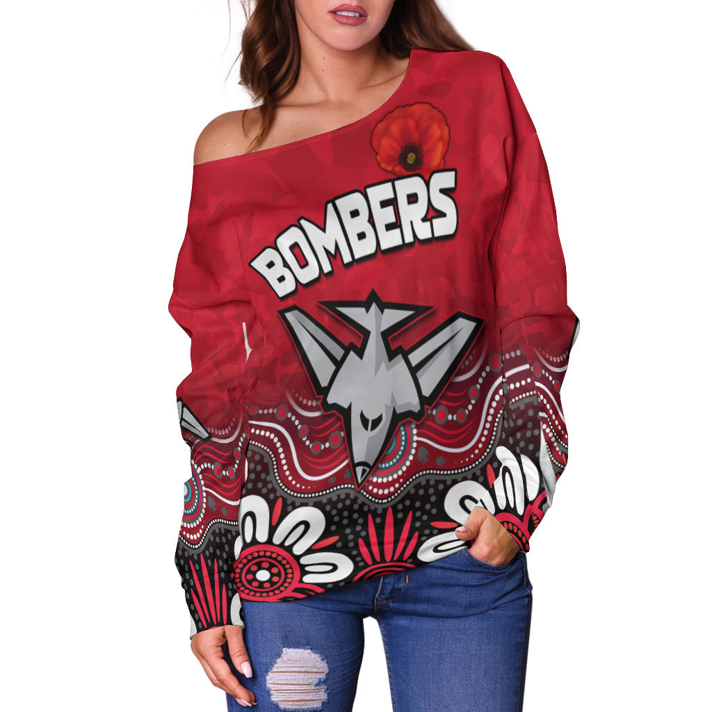 (Custom Personalised) Bombers Anzac 2022 Women Off Shoulder Sweater Essendon Football Aboriginal Remember Them LT13