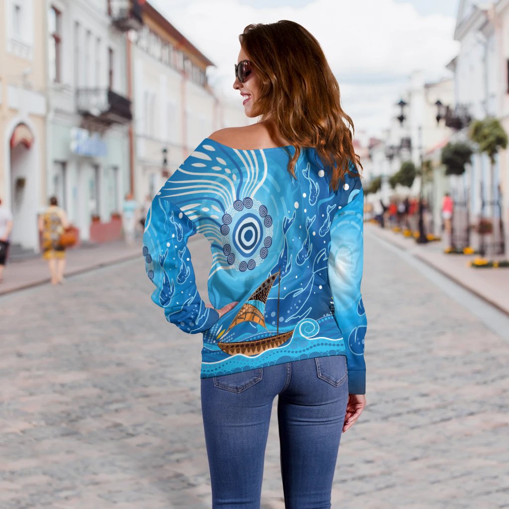 Women Off Shoulder - Aboriginal View Sea With Fish And Boat - Vibe Hoodie