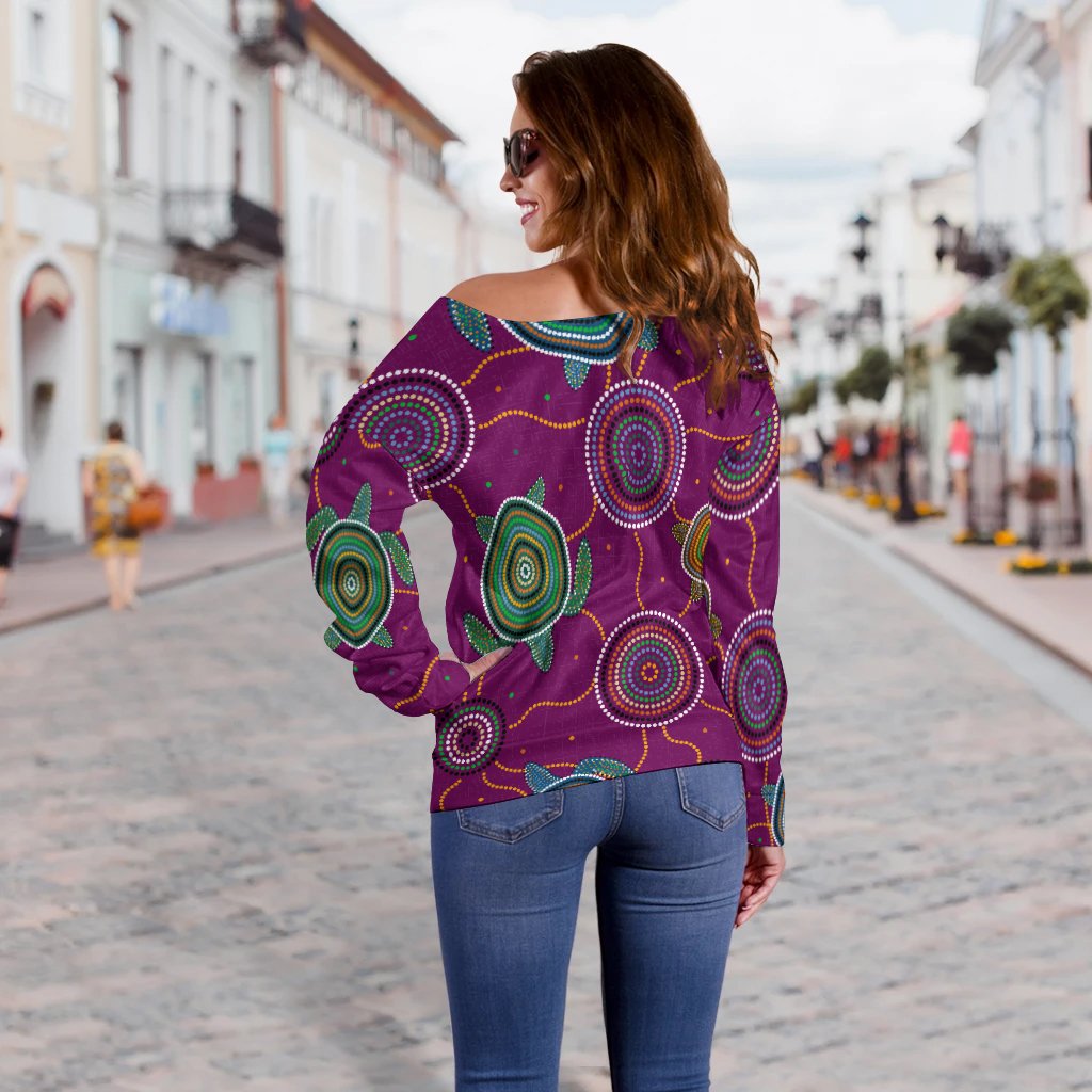 Women Off Shoulder - Aboriginal Turtle Purple Australia Dot Patterns - Vibe Hoodie