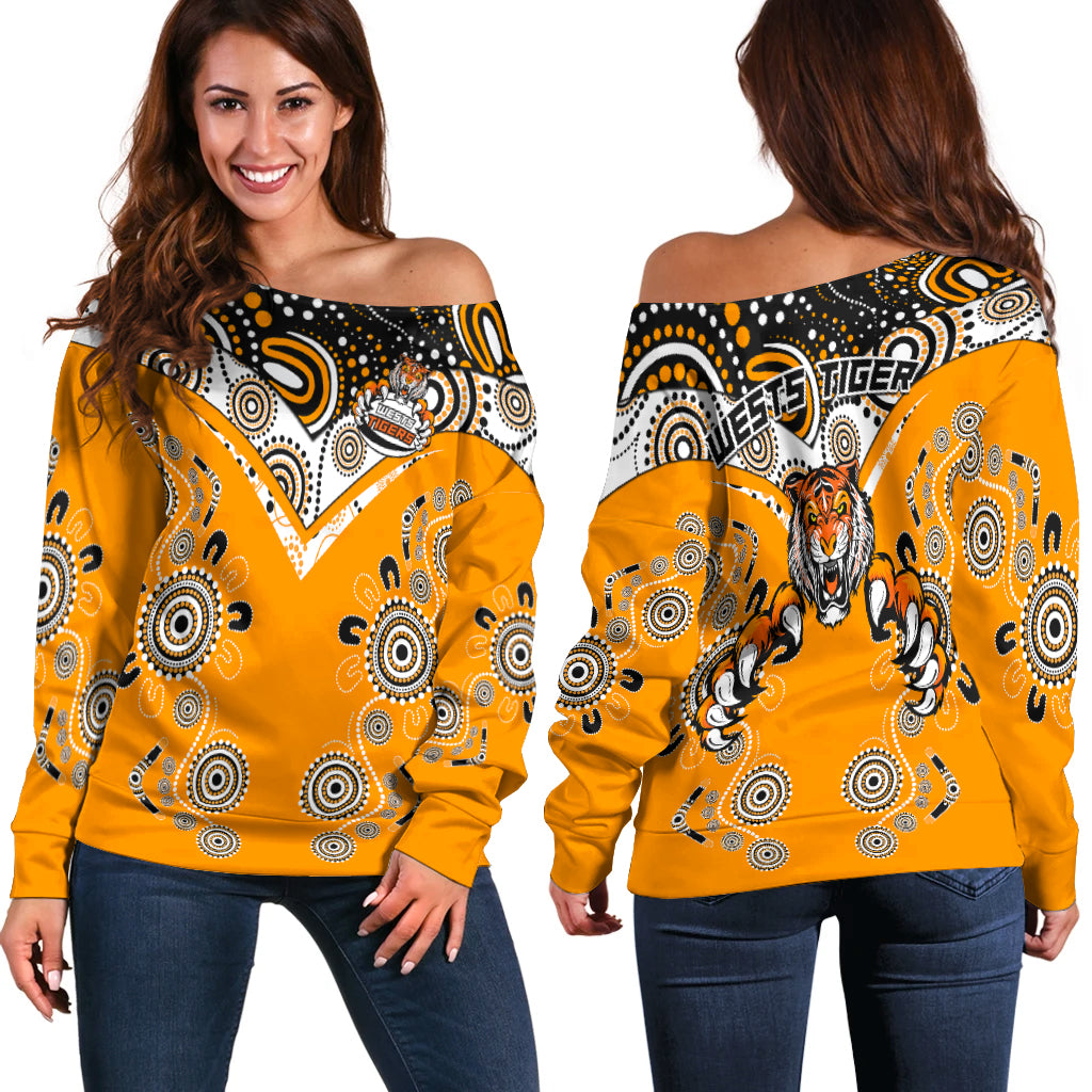 Wests Tiger Rugby Aboriginal Pattern Women Off Shoulder Sweater - LT2