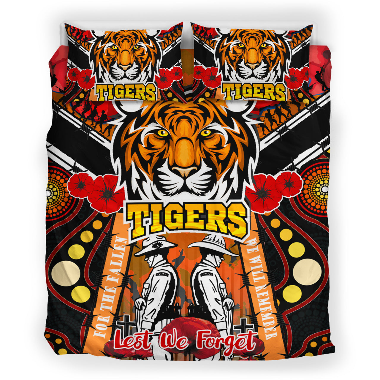 tigers-rugby-anzac-day-watercolour-bedding-set-custom-remembrance-west-tigers-with-poppy-flower