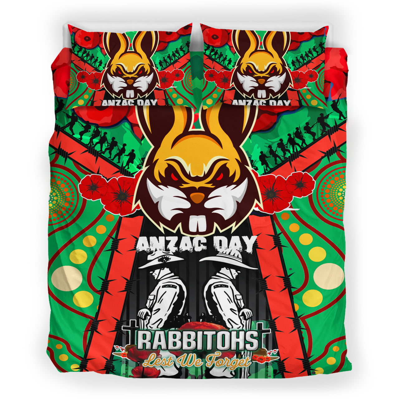 rabbitohs-rugby-aboriginal-anzac-day-custom-watercolour-bedding-set-remembrance-indigenous-rabbitohs-with-poppy-flower